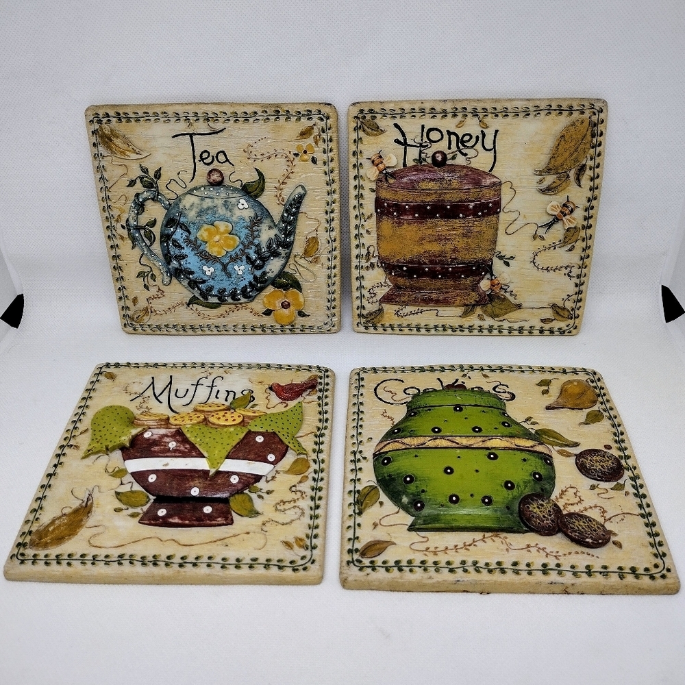 Set of‎ 4 Resin 3D Wall Decor Plaques Tea, Honey, Cookies, and Muffins